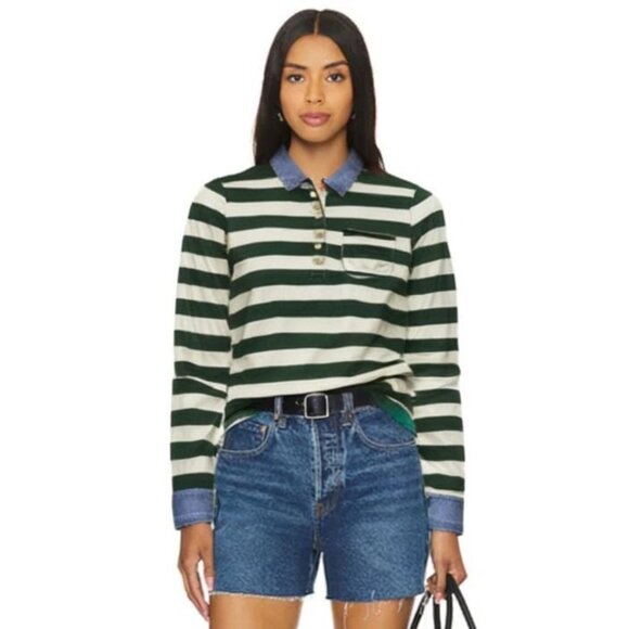 Tommy Hilfiger Women's Collared Striped Pocket Long Sleeve Polo Shirt Medium - Picture 1 of 12